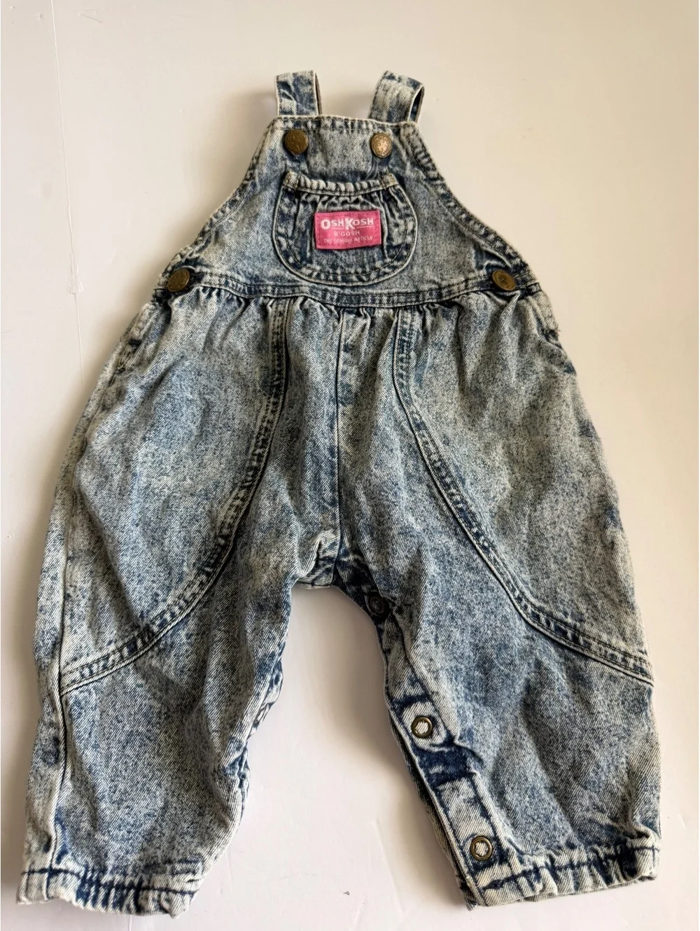 Vintage OshKosh B'Gosh Acid Wash Denim Overalls Pink Tag Size 3-6 Months USA